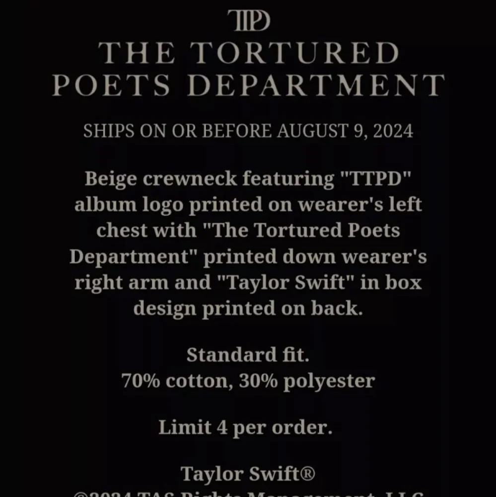 New Taylor Swift ttpd beige crewneck sweatshirt size small - Picture 5 of 12